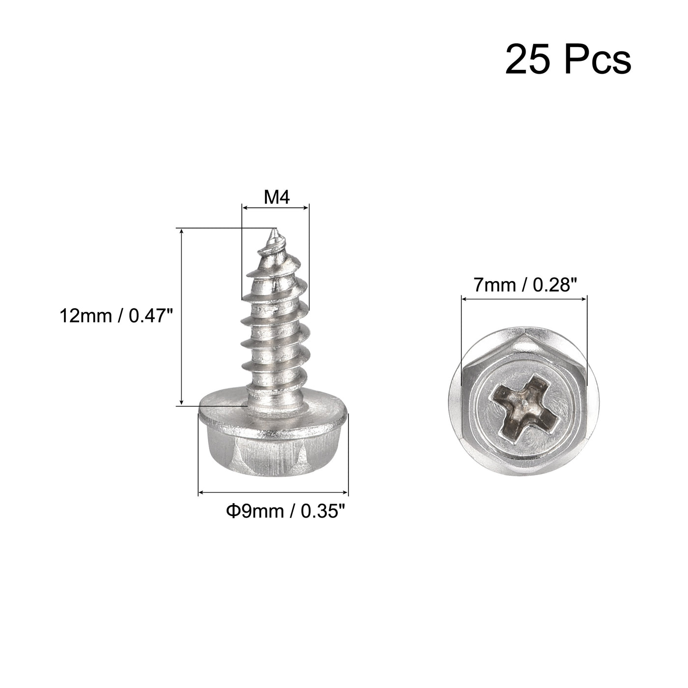 uxcell Uxcell Phillips Hex Washer Self Tapping Screws, M4 x 12mm 304 Stainless Steel Hex Flange Sheet Metal Screw 25pcs