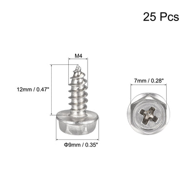 Harfington Uxcell Phillips Hex Washer Self Tapping Screws, M4 x 12mm 304 Stainless Steel Hex Flange Sheet Metal Screw 25pcs