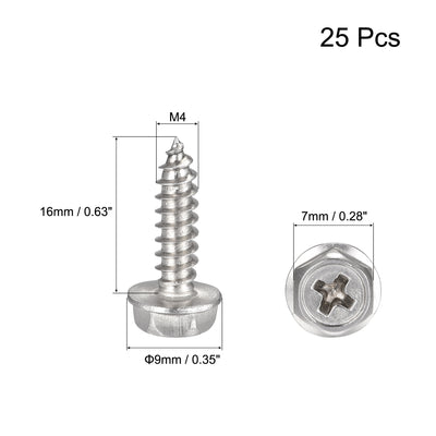 Harfington Uxcell Phillips Hex Washer Self Tapping Screws, M4 x 16mm 304 Stainless Steel Hex Flange Sheet Metal Screw 25pcs