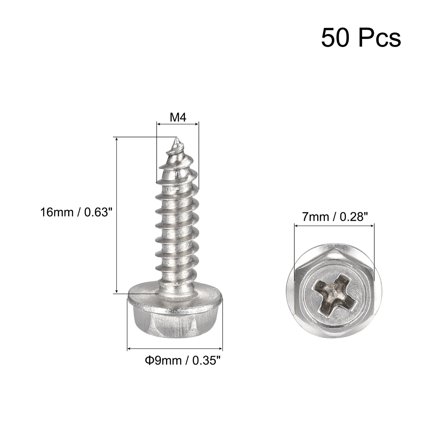 uxcell Uxcell Phillips Hex Washer Self Tapping Screws, M4 x 16mm 304 Stainless Steel Hex Flange Sheet Metal Screw 50pcs