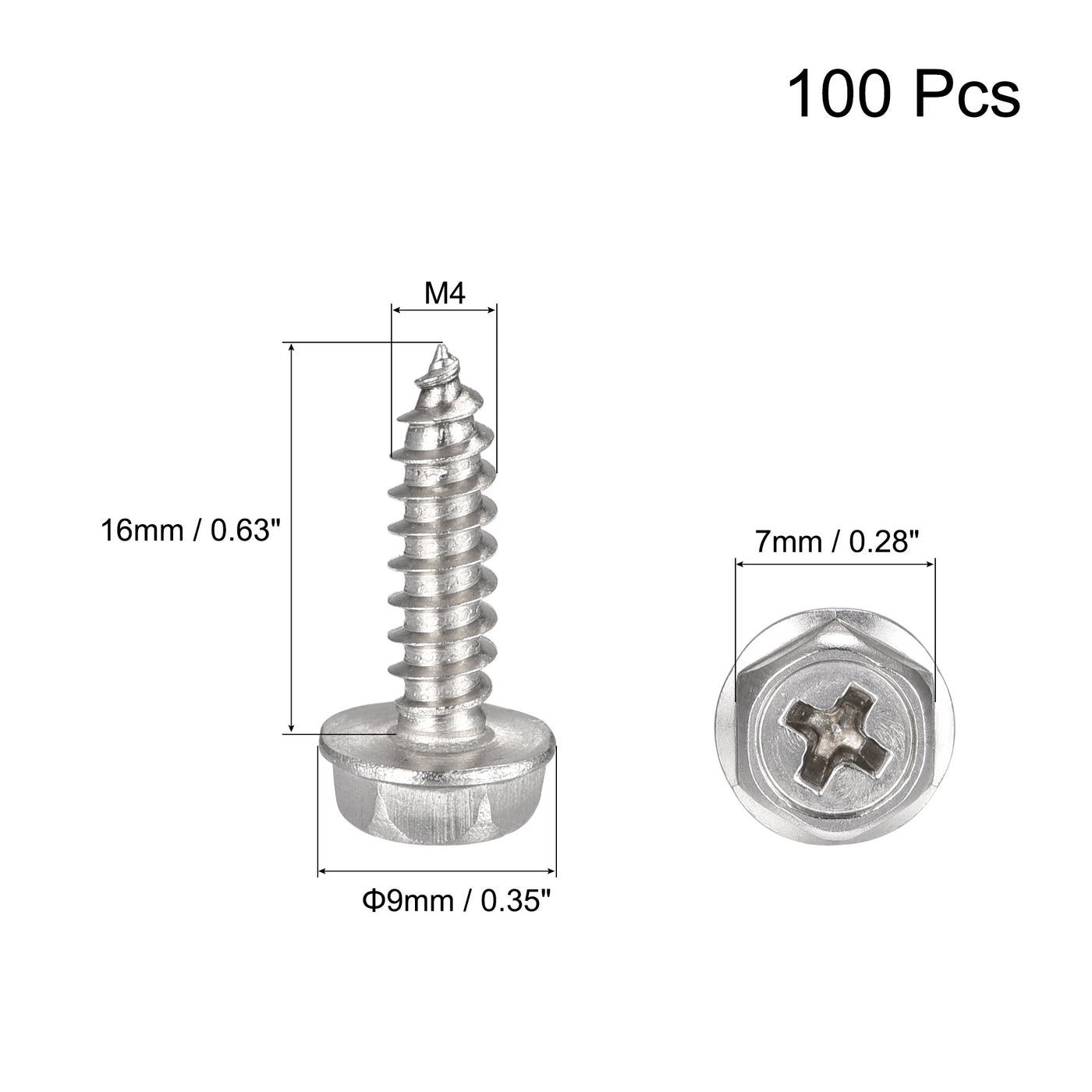 uxcell Uxcell Phillips Hex Washer Self Tapping Screws, M4 x 16mm 304 Stainless Steel Hex Flange Sheet Metal Screw 100pcs