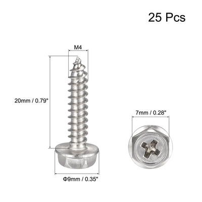 Harfington Uxcell Phillips Hex Washer Self Tapping Screws, M4 x 20mm 304 Stainless Steel Hex Flange Sheet Metal Screw 25pcs