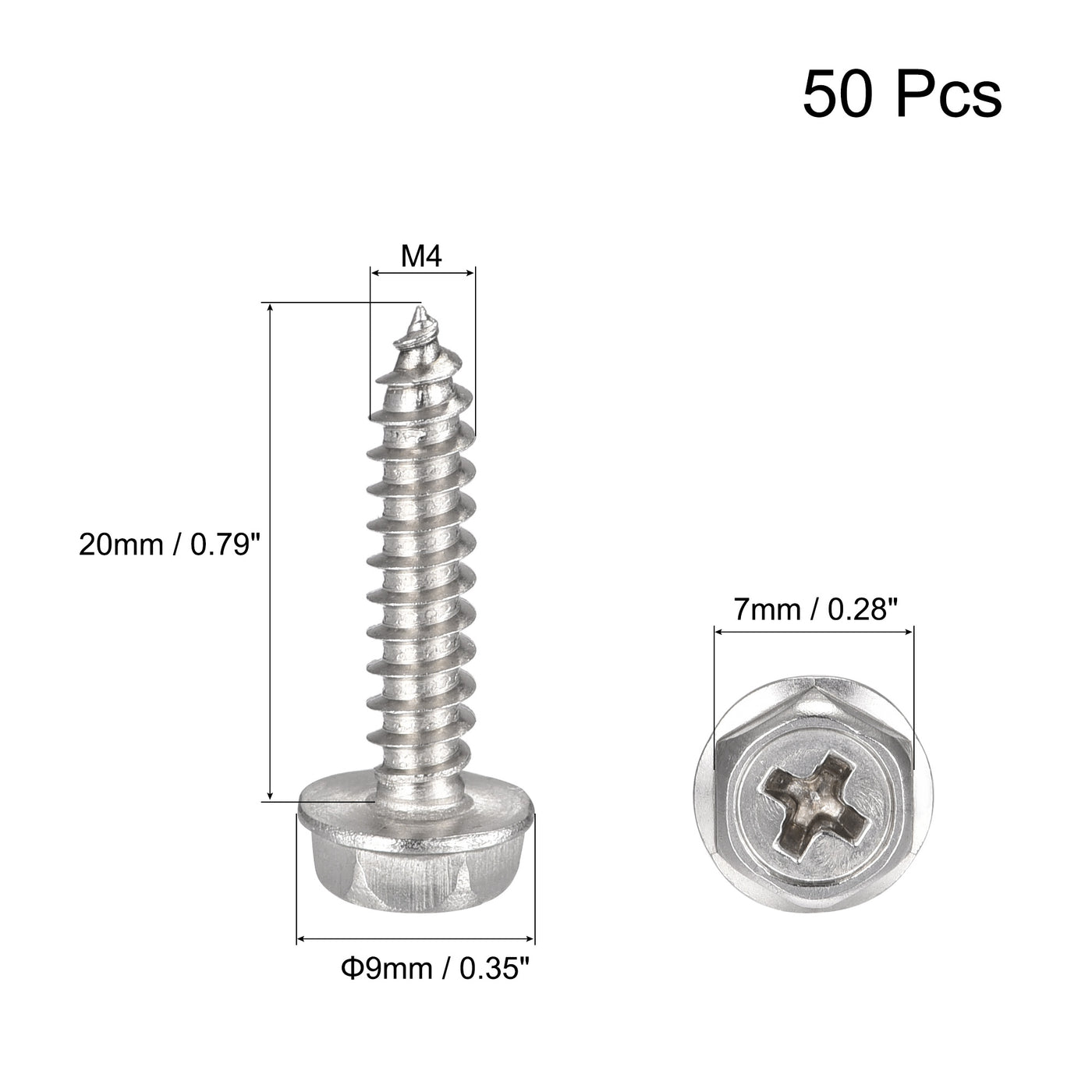 uxcell Uxcell Phillips Hex Washer Self Tapping Screws, M4 x 20mm 304 Stainless Steel Hex Flange Sheet Metal Screw 50pcs