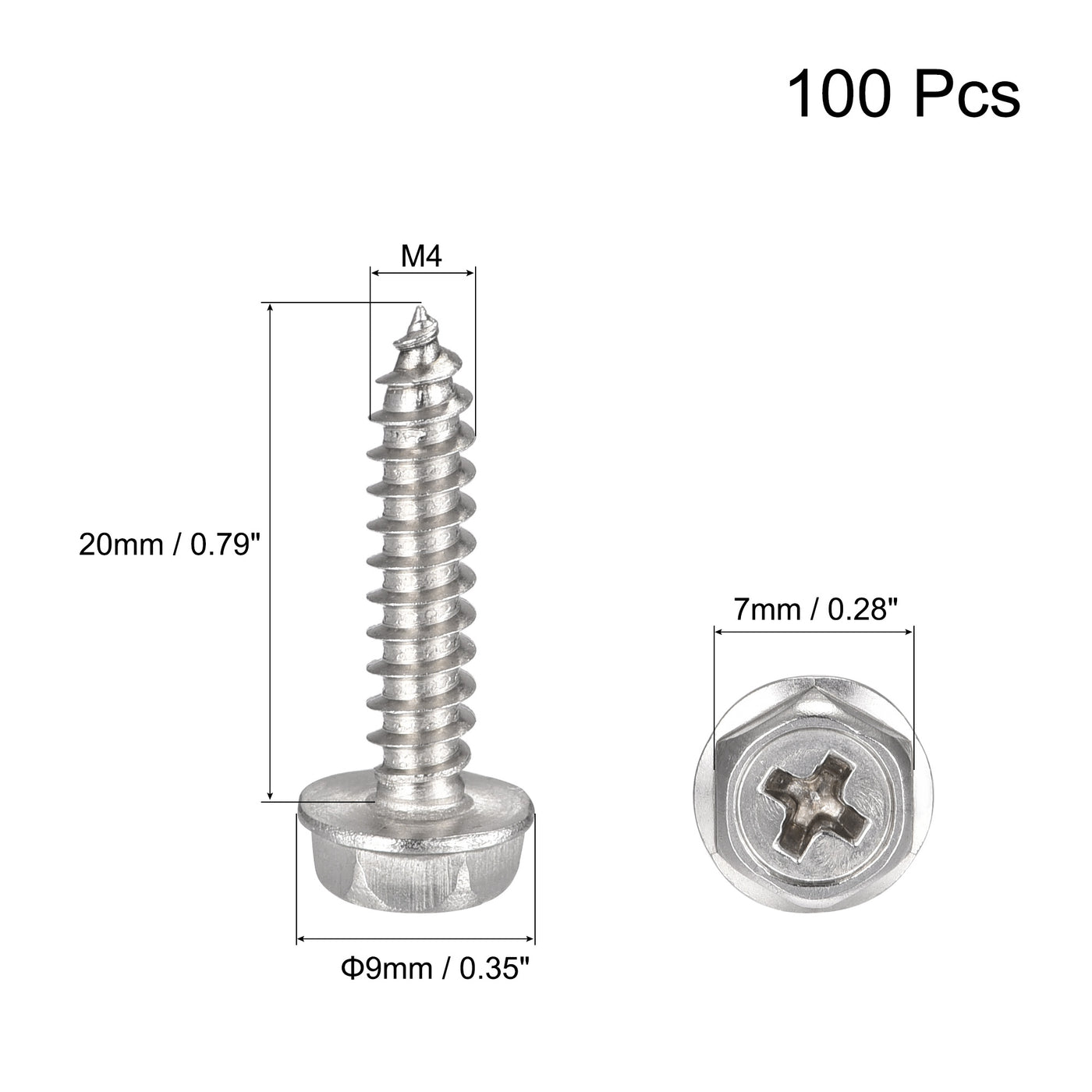 uxcell Uxcell Phillips Hex Washer Self Tapping Screws, M4 x 20mm 304 Stainless Steel Hex Flange Sheet Metal Screw 100pcs