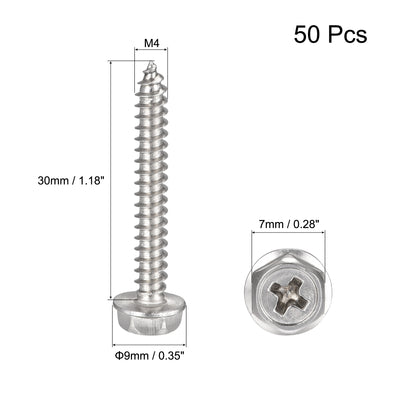Harfington Uxcell Phillips Hex Washer Self Tapping Screws, M4 x 30mm 304 Stainless Steel Hex Flange Sheet Metal Screw 50pcs