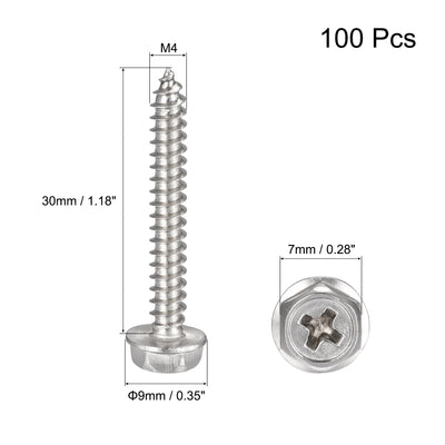 Harfington Uxcell Phillips Hex Washer Self Tapping Screws, M4 x 30mm 304 Stainless Steel Hex Flange Sheet Metal Screw 100pcs