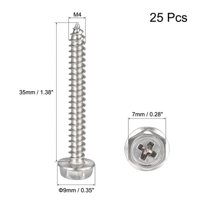 Harfington Uxcell Phillips Hex Washer Self Tapping Screws, M4 x 35mm 304 Stainless Steel Hex Flange Sheet Metal Screw 25pcs