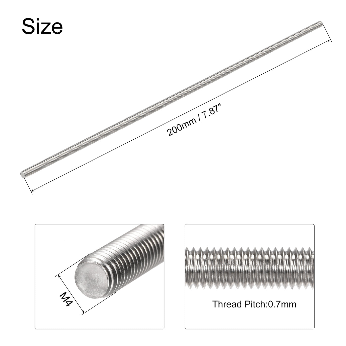 uxcell Uxcell 4pcs M4 x 200mm Fully Threaded Rod 304 Stainless Steel Right Hand Threads
