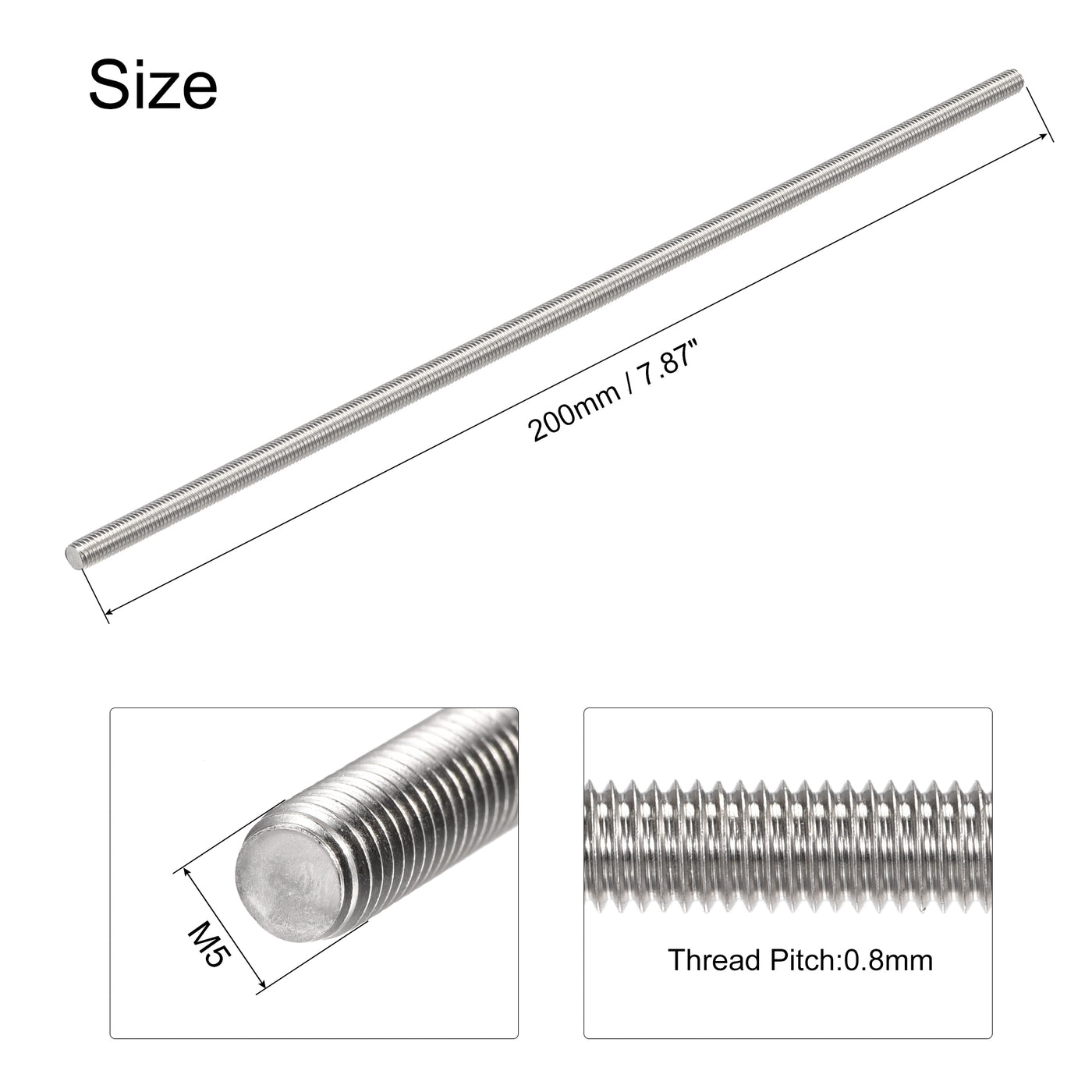 uxcell Uxcell 4pcs M5 x 200mm Fully Threaded Rod 304 Stainless Steel Right Hand Threads