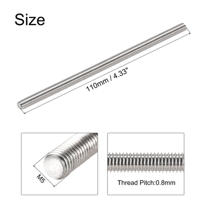 Harfington Uxcell 6pcs M5 x 110mm Fully Threaded Rod 304 Stainless Steel Right Hand 0.8mm Pitch