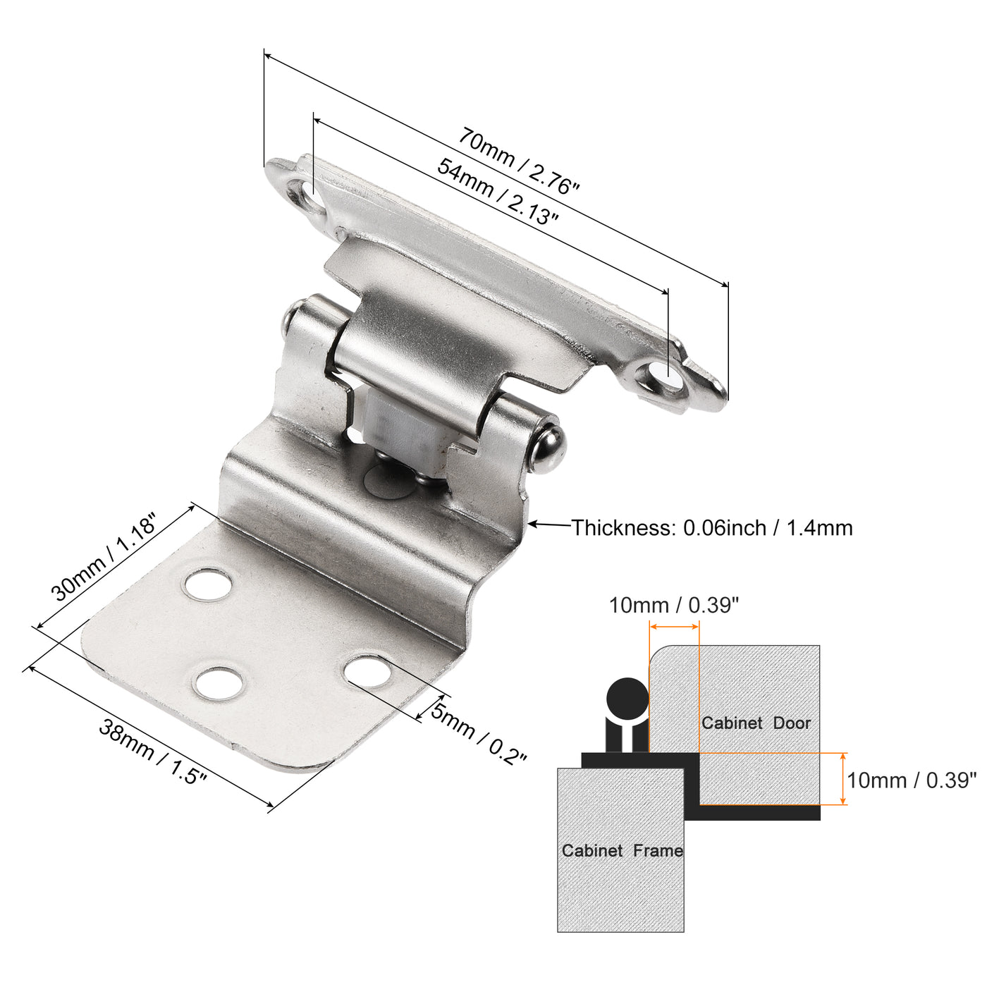uxcell Uxcell 3/8 Inch Inset Cabinet Hinges Self Closing 2.76 Inch for Cupboard Closet Door with Screws Silver Tone 4Pcs