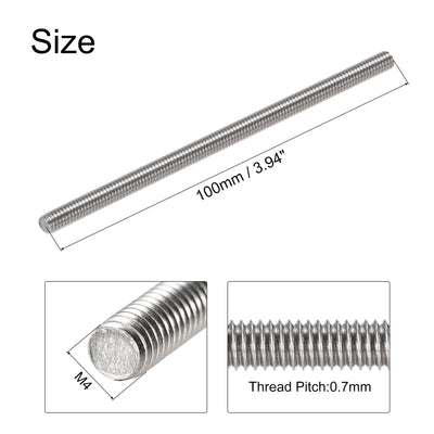 Harfington Uxcell 10Pcs M4 x 100mm Fully Threaded Rod 304 Stainless Steel Right Hand,0.7mm Pitch