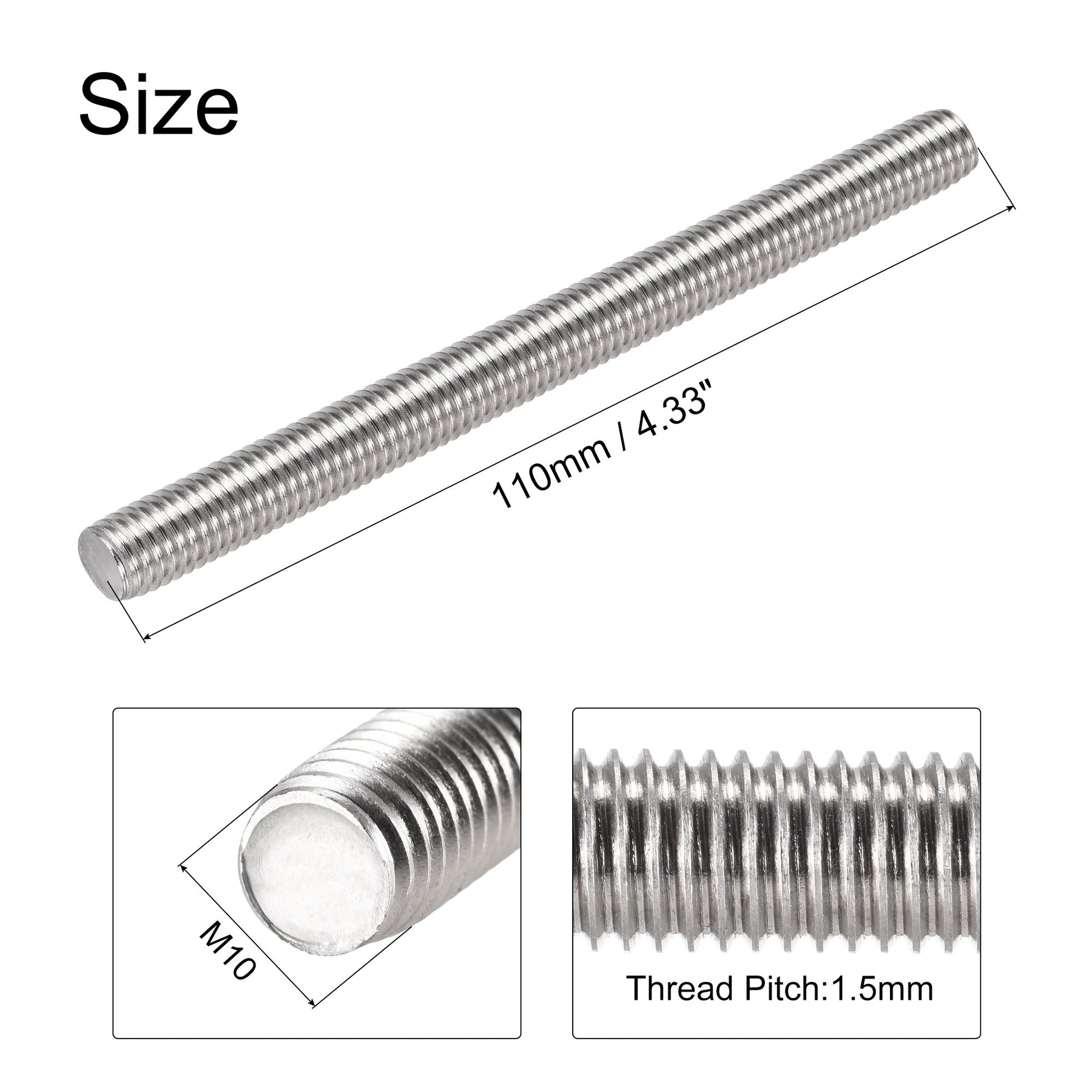 Uxcell 5Pcs M10 x 110mm Fully Threaded Rod 304 Stainless Steel Right ...
