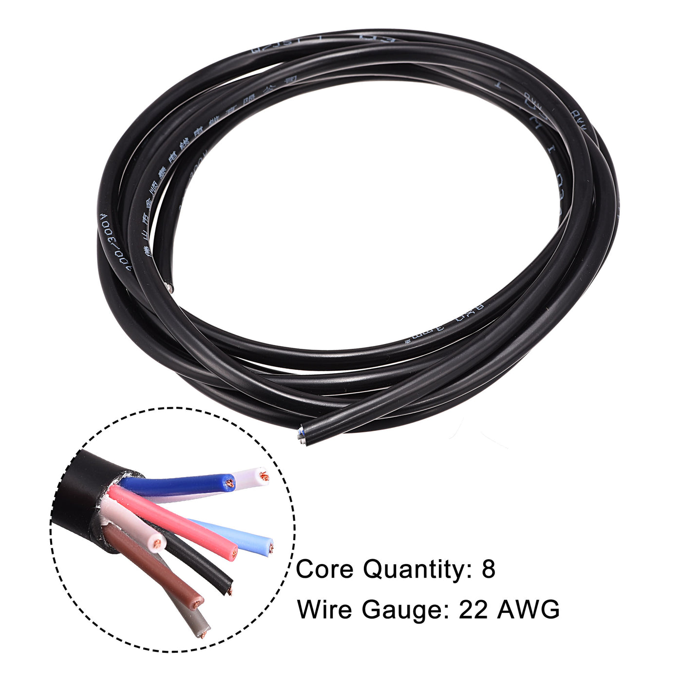 Harfington Extension Wire Power Cable Copper Conductor 8 Core 22 AWG 9.5ft Black