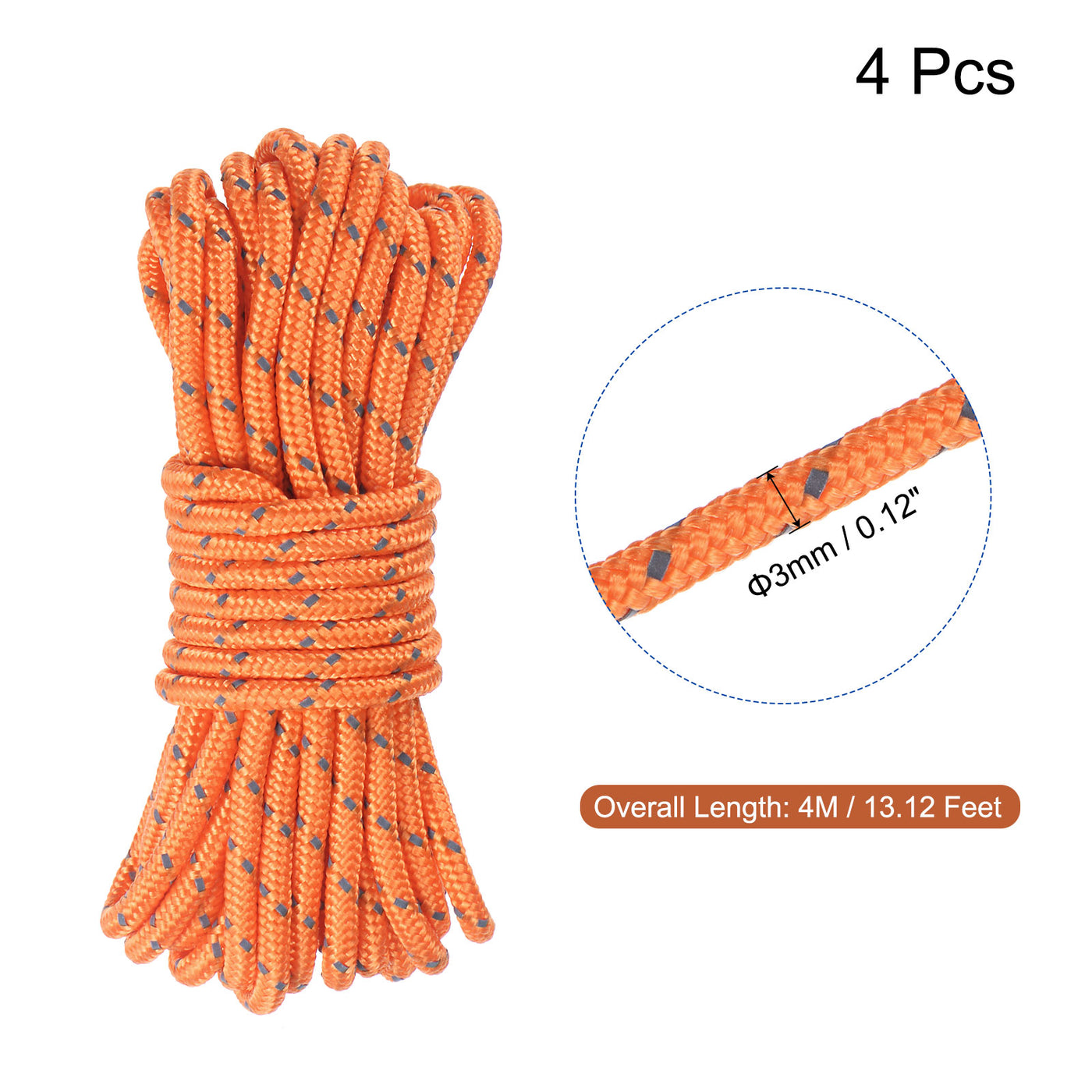 Harfington Tent Rope 3mm 13.12ft Polyester Cord Fluorescent Reflective Orange for Outdoor Camping Canopy 4Pcs