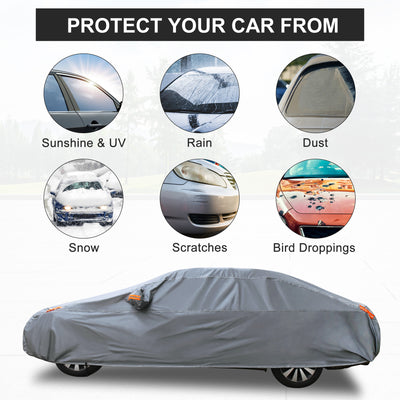 Harfington Full Car Cover Soft Lining Universal Fit Sedan Outdoor All Weather Sun Protection Waterproof Dustproof Snowproof Windproof Scratch Resistant w/ Storage Bag PEVA