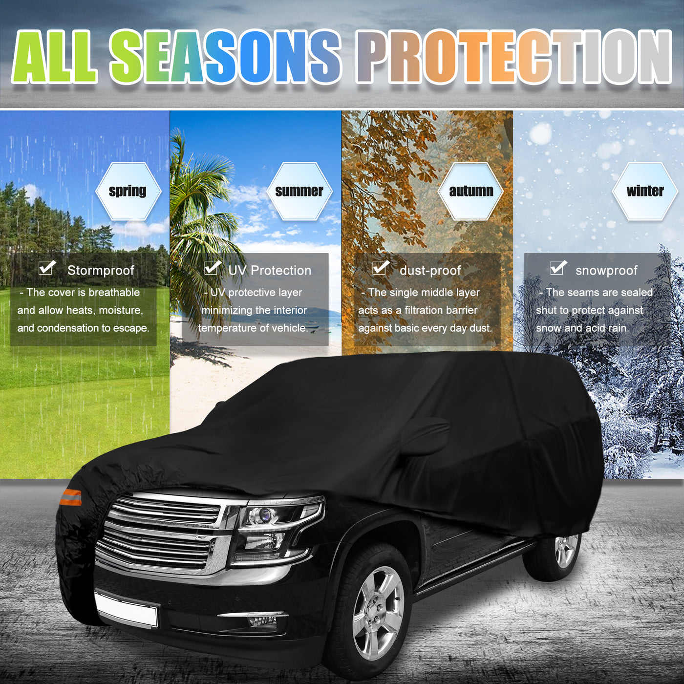 X AUTOHAUX SUV Car Cover for Chevrolet Tahoe 4 Door 2021 Waterproof Sun Rain Dust Wind Snow Protection 190T PU with Driver Door Zipper Black