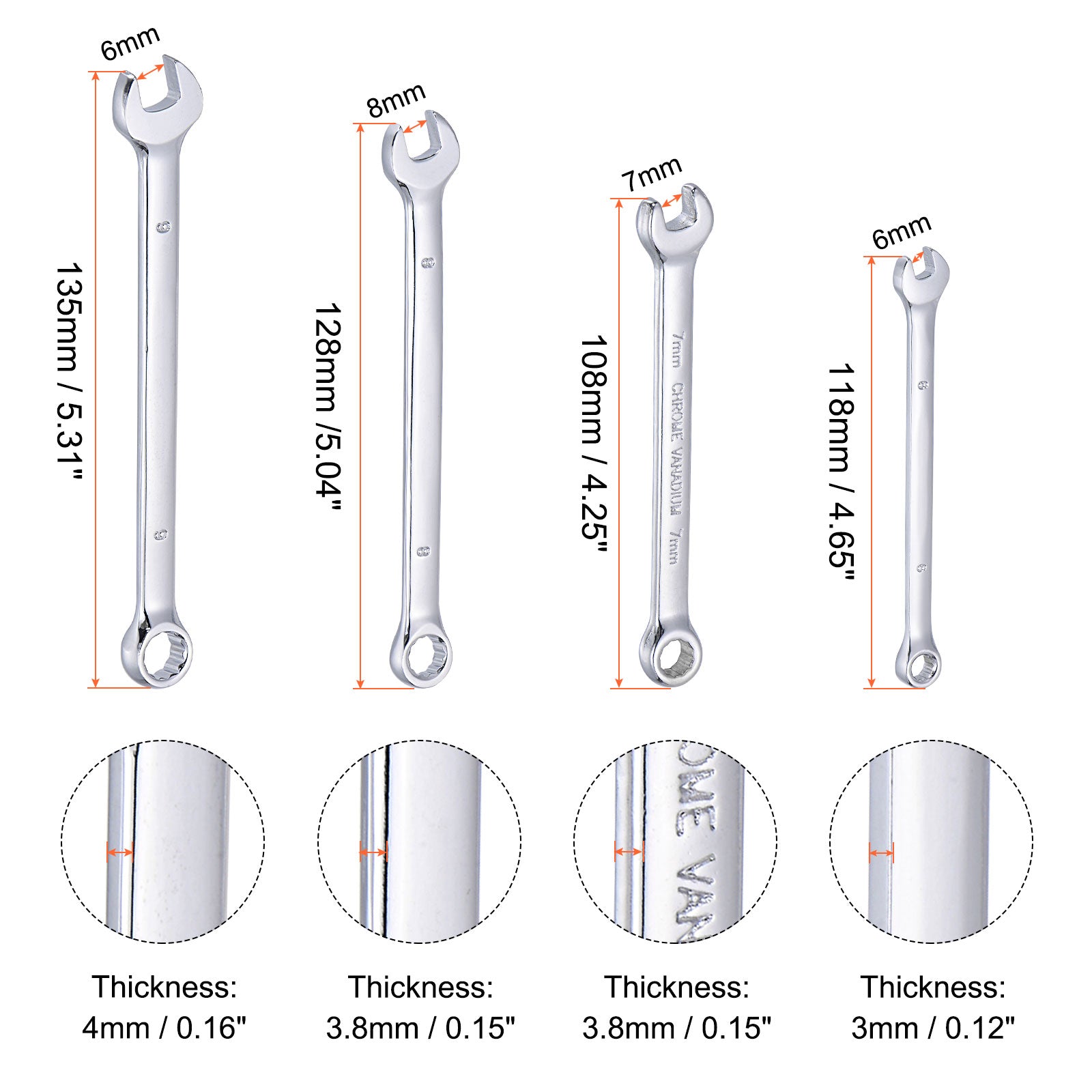 Uxcell Combination Wrench Set, 69mm Open End and Box End with Rolling