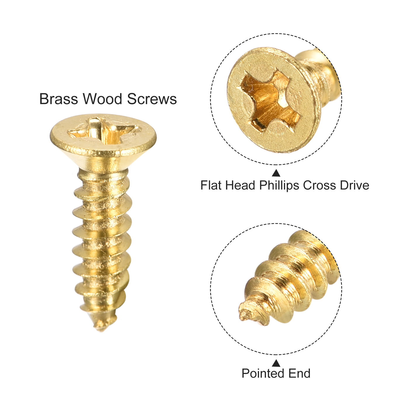 Uxcell Uxcell Brass Wood Screws, M3x10mm Phillips Flat Head Self Tapping Connector for Door, Cabinet, Wooden Furniture 30Pcs