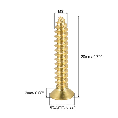 Harfington Uxcell Brass Wood Screws, M3x20mm Phillips Flat Head Self Tapping Connector for Door, Cabinet, Wooden Furniture 25Pcs