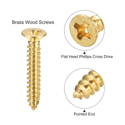 Harfington Uxcell Brass Wood Screws, M3x20mm Phillips Flat Head Self Tapping Connector for Door, Cabinet, Wooden Furniture 25Pcs