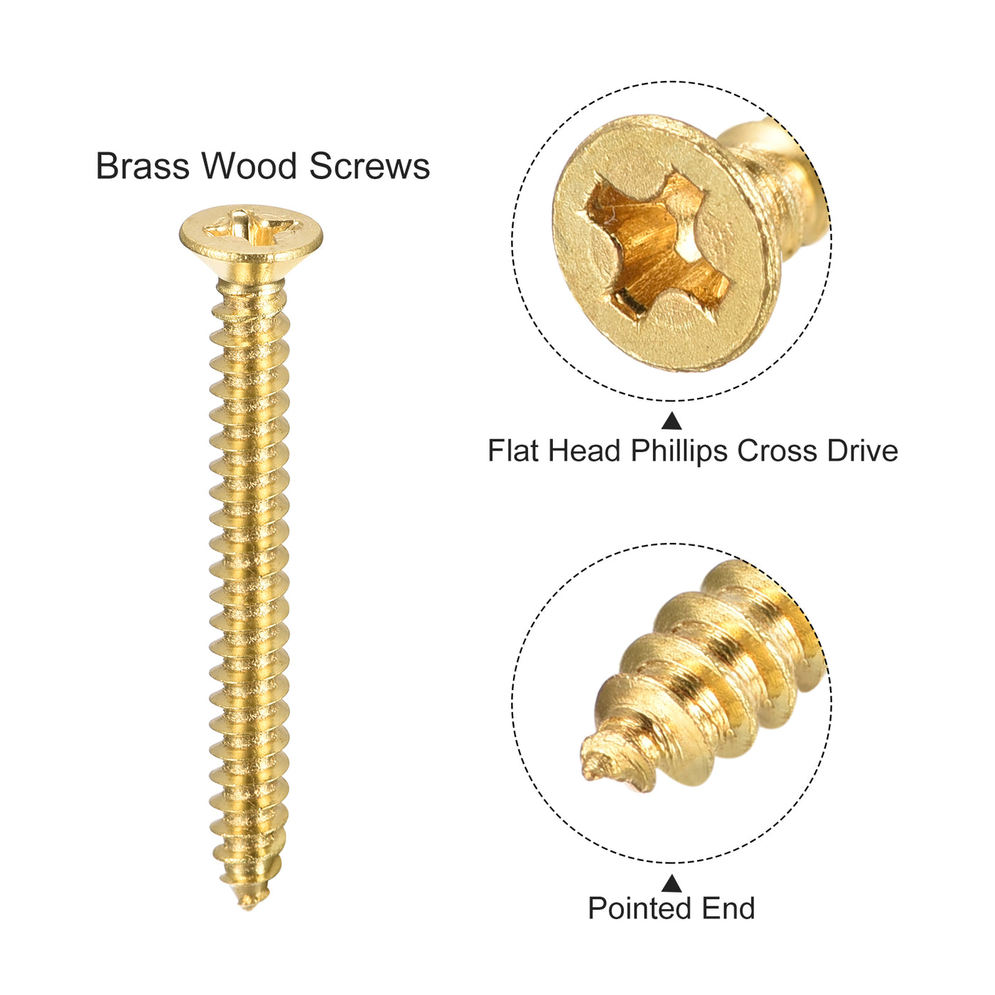 uxcell Uxcell Brass Wood Screws, M3.5x30mm Phillips Flat Head Self Tapping Connector for Door, Cabinet, Wooden Furniture 100Pcs