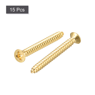 Harfington Uxcell Brass Wood Screws, M3.5x30mm Phillips Flat Head Self Tapping Connector for Door, Cabinet, Wooden Furniture 15Pcs