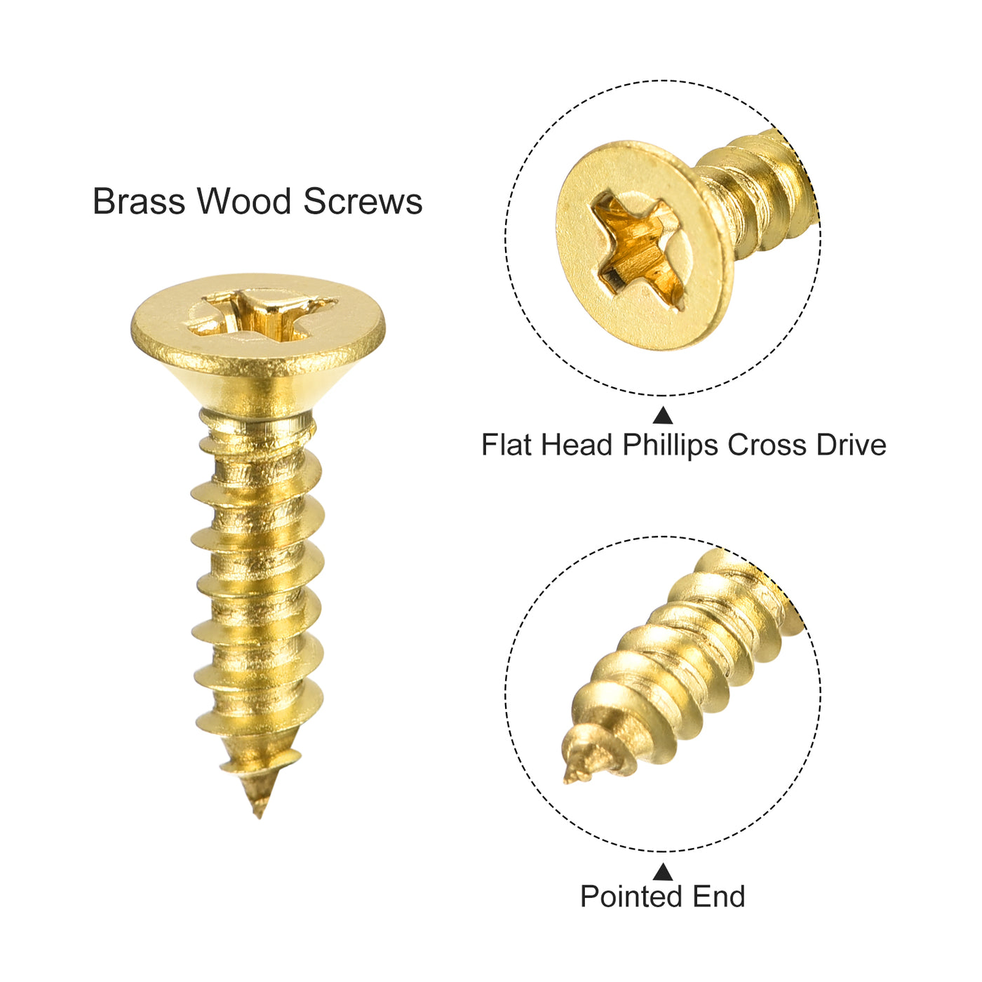 uxcell Uxcell Brass Wood Screws, M4x16mm Phillips Flat Head Self Tapping Connector for Door, Cabinet, Wooden Furniture 50Pcs