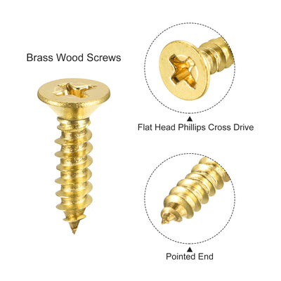 Harfington Uxcell Brass Wood Screws, M4x16mm Phillips Flat Head Self Tapping Connector for Door, Cabinet, Wooden Furniture 50Pcs