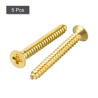 Harfington Uxcell Brass Wood Screws, M4x35mm Phillips Flat Head Self Tapping Connector for Door, Cabinet, Wooden Furniture 5Pcs