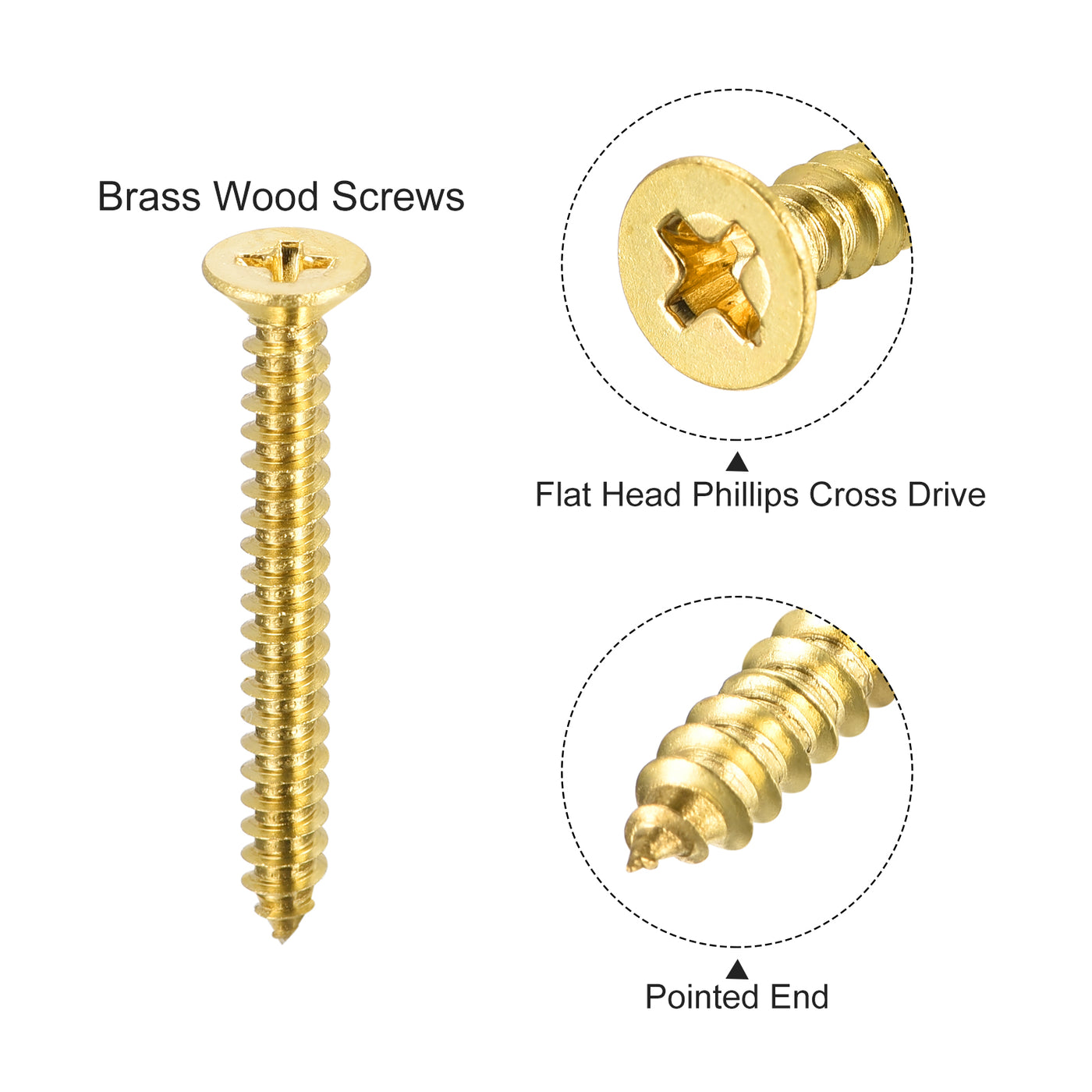 uxcell Uxcell Brass Wood Screws, M4x35mm Phillips Flat Head Self Tapping Connector for Door, Cabinet, Wooden Furniture 5Pcs