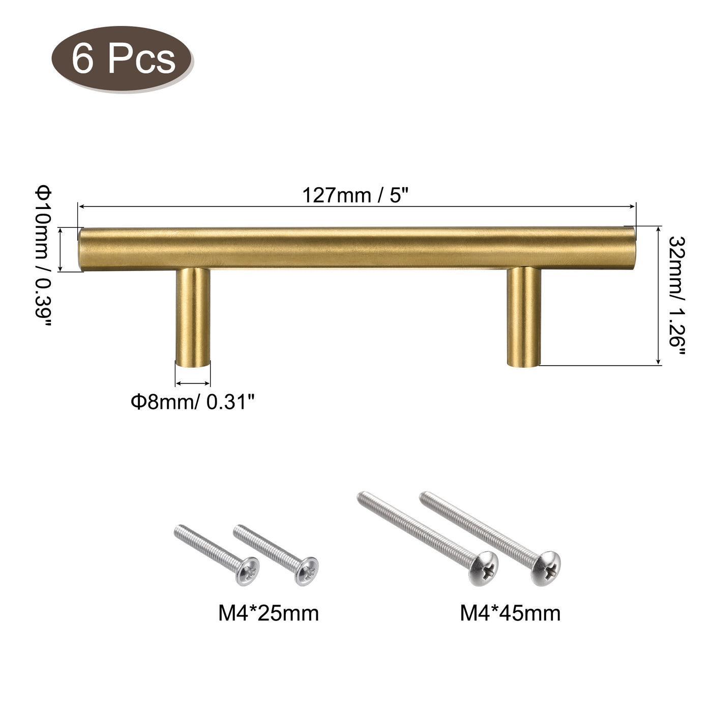 uxcell Uxcell T Bar Pull Handle, 5"(127mm) Length 10mm Dia Stainless Steel Cabinet Pulls 3"(76mm) Hole Center Distance, Gold Tone, 6pcs