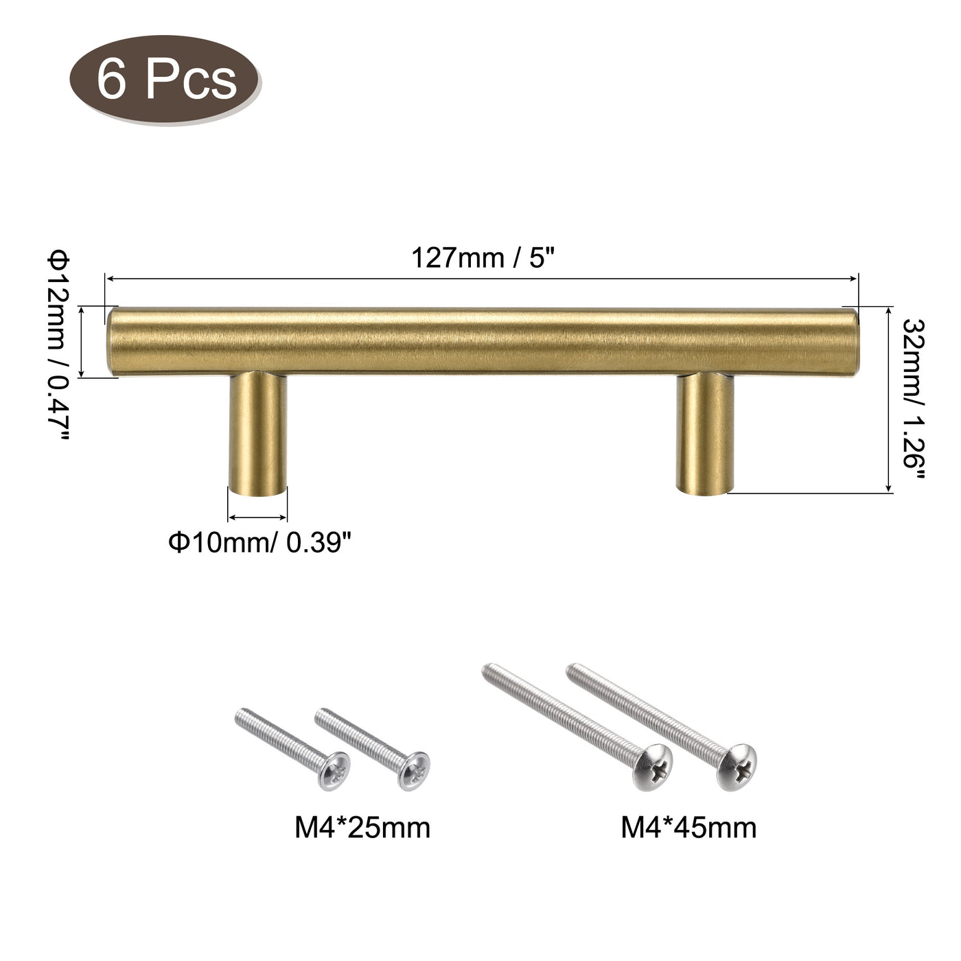 uxcell Uxcell T Bar Pull Handle, 5"(127mm) Length 12mm Dia Stainless Steel Cabinet Pulls 3"(76mm) Hole Center Distance, Gold Tone, 6pcs