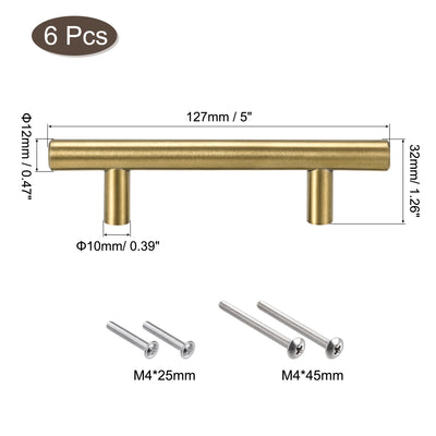 Harfington Uxcell T Bar Pull Handle, 5"(127mm) Length 12mm Dia Stainless Steel Cabinet Pulls 3"(76mm) Hole Center Distance, Gold Tone, 6pcs