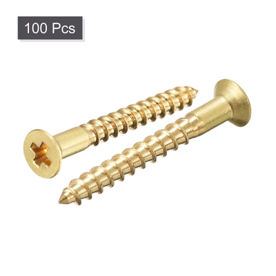 Harfington Uxcell Brass Wood Screws, M3x25mm Phillips Flat Head Self Tapping Connector for Door, Cabinet, Wooden Furniture 100Pcs