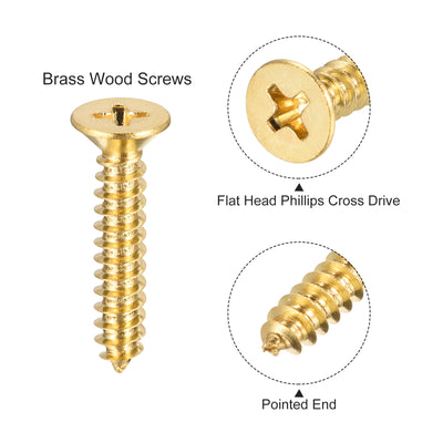 Harfington Uxcell Brass Wood Screws, M5x25mm Phillips Flat Head Self Tapping Connector for Door Hinges, Wooden Furniture, Home Appliances 16Pcs