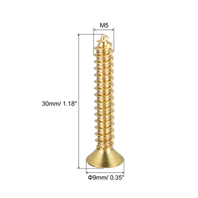 Harfington Uxcell Brass Wood Screws, M5x30mm Phillips Flat Head Self Tapping Connector for Door Hinges, Wooden Furniture, Home Appliances 20Pcs