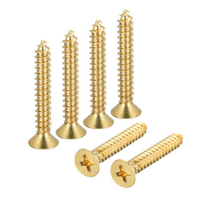 Harfington Uxcell Brass Wood Screws, M5x30mm Phillips Flat Head Self Tapping Connector for Door Hinges, Wooden Furniture, Home Appliances 6Pcs