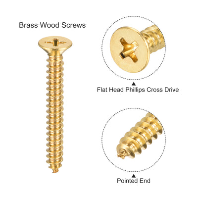 Harfington Uxcell Brass Wood Screws, M5x40mm Phillips Flat Head Self Tapping Connector for Door Hinges, Wooden Furniture, Home Appliances 20Pcs