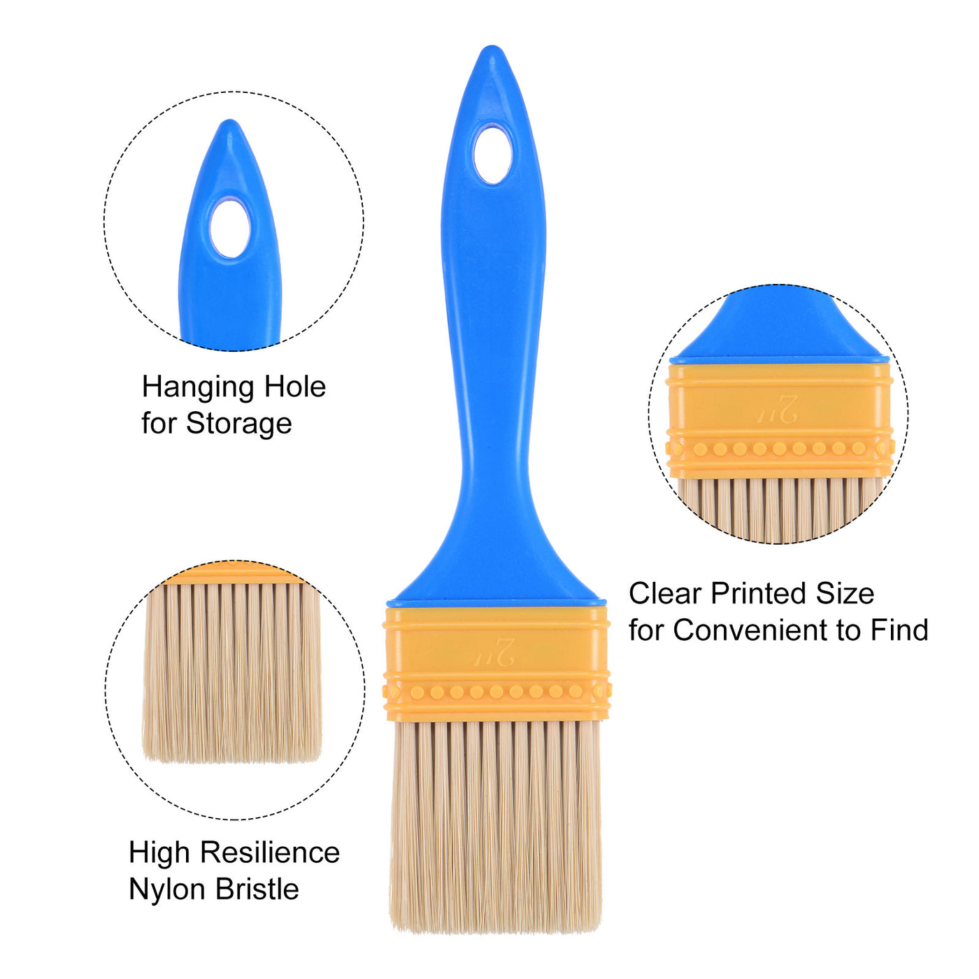 uxcell Uxcell 2" Paint Brush 0.35" Thick Soft Nylon Bristle with PP Handle Paintbrush 5Pcs