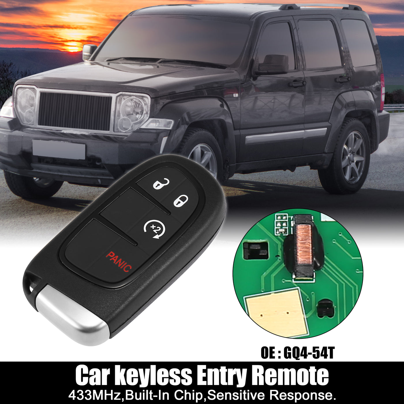 X AUTOHAUX 433MHz GQ4-54T Replacement Keyless Entry Remote Car Key Fob for Jeep Cherokee 2014-2022 4 Buttons W/ Door Key 4A Chip GQ454T