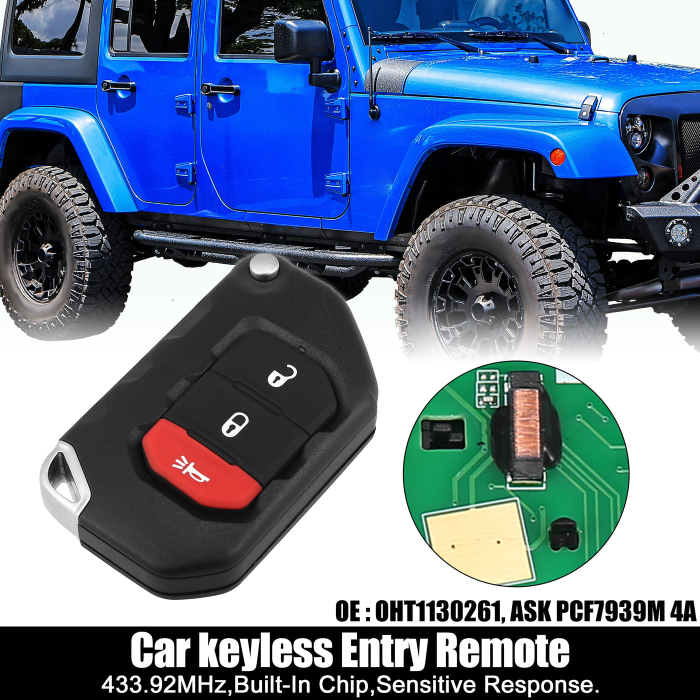X AUTOHAUX 433.92MHz  OHT1130261 Replacement Keyless Entry Remote Car Key Fob for Jeep Wrangler Unlimited 2018 2019 2020 2021 for Jeep Gladiator 2019-2022 3 Buttons with Door Key 7939 Chip