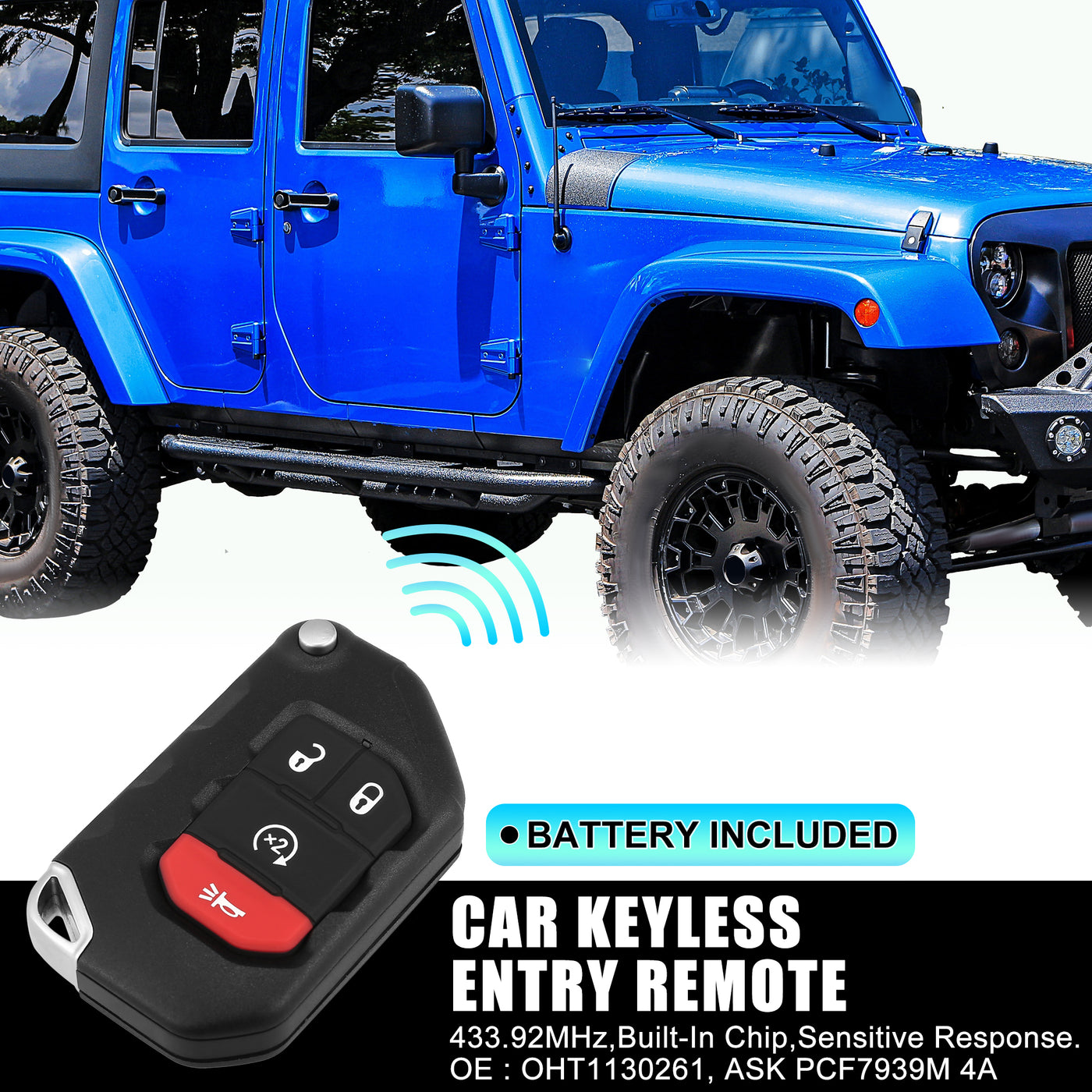 X AUTOHAUX OHT1130261 433.92MHz 7939 Chip Replacement Keyless Entry Remote Car Key Fob for Jeep Wrangler 2018-2022 for Jeep Gladiator 2019-2022 4 Buttons with Door Key
