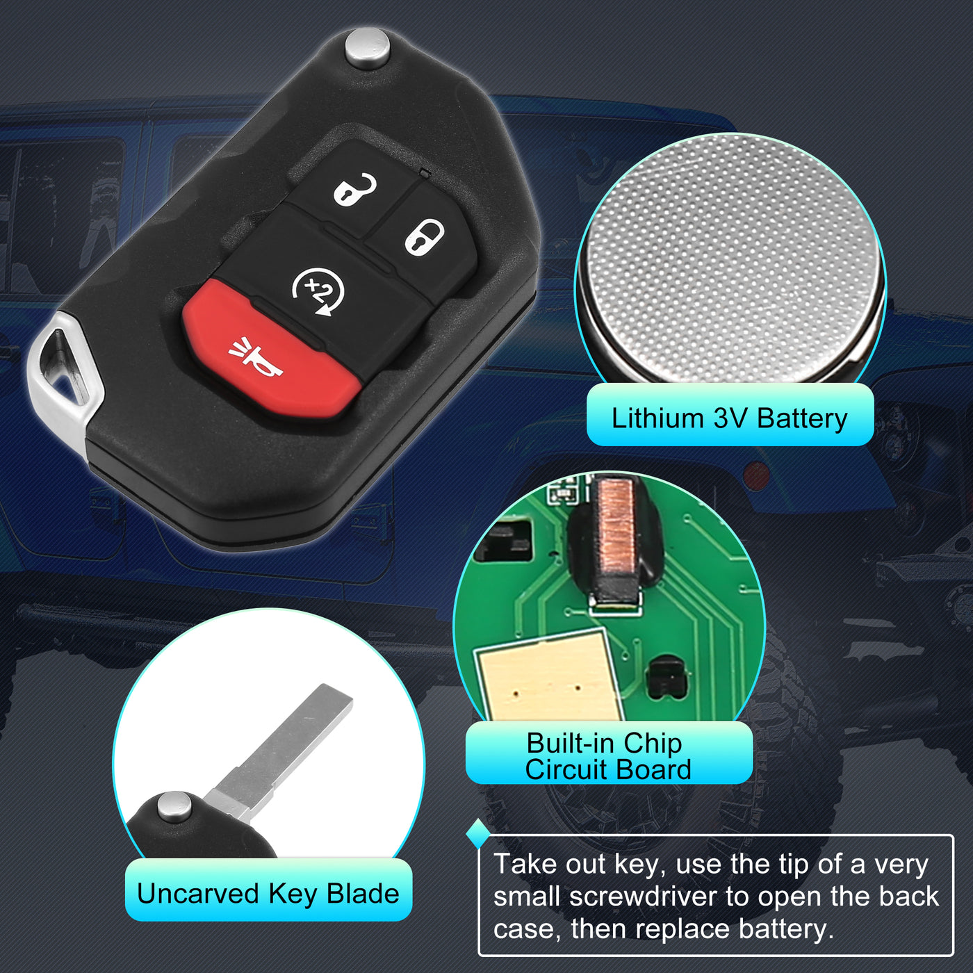 X AUTOHAUX OHT1130261 433.92MHz 7939 Chip Replacement Keyless Entry Remote Car Key Fob for Jeep Wrangler 2018-2022 for Jeep Gladiator 2019-2022 4 Buttons with Door Key