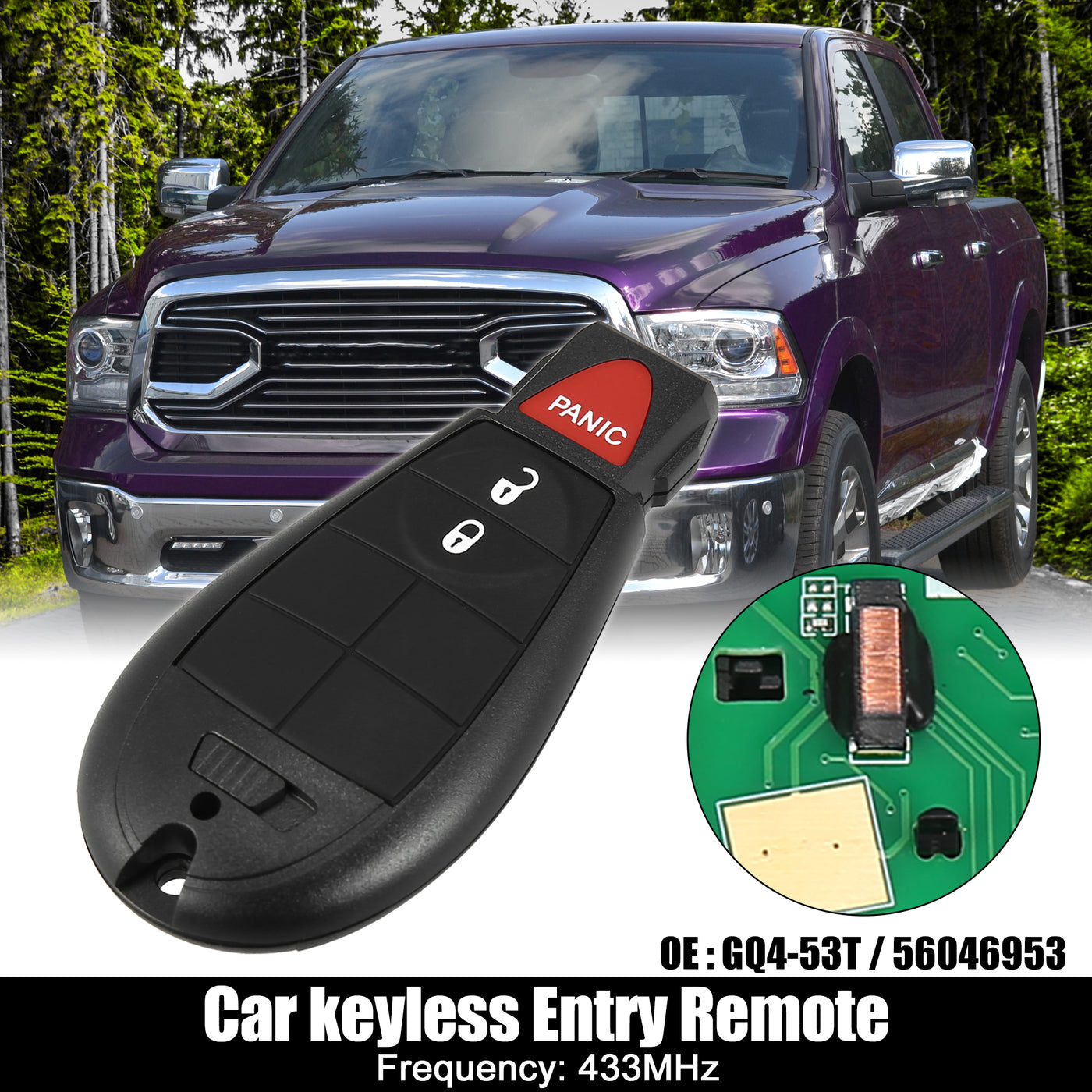 X AUTOHAUX Replacement Keyless Entry Remote Car Key Fob GQ4-53T 433Mhz for Dodge for Ram 1500 2500 3500 2013-2018 3 Buttons with Door Key 56046953