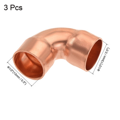 Harfington 90 Degrees Elbow Copper Pipe Fitting Brazing Connection 1/2 Inch ID for HVAC Cooling Equipment, Pack of 3