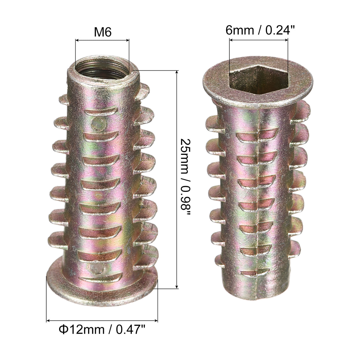 uxcell Uxcell M6x25mm Furniture Screw-in Nut Zinc Alloy Threaded Insert Nuts for Wood 8pcs