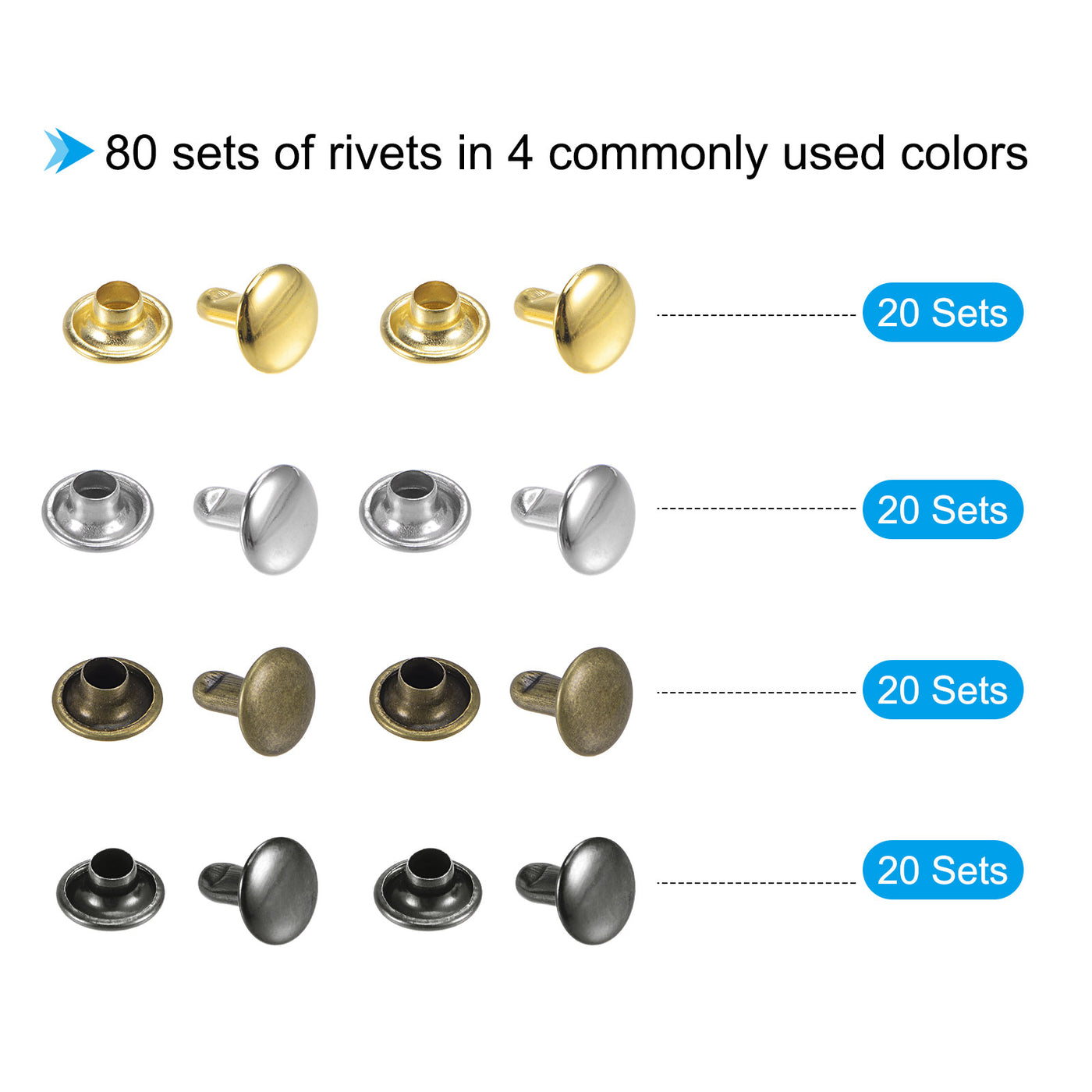 uxcell Uxcell 80 Sets Leather Rivets Kit 4 Colors 8mm Double Cap Brass Rivet Leather Studs