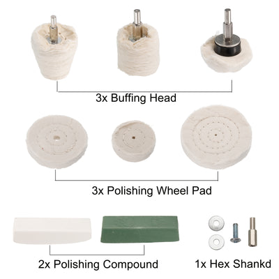 Harfington Uxcell Buffing Pad Wheel Kit, Cone/Cylindrica/Mushroom Shape Cotton Polished Wheels with Polishing Compound and 1/4" Hex Shank