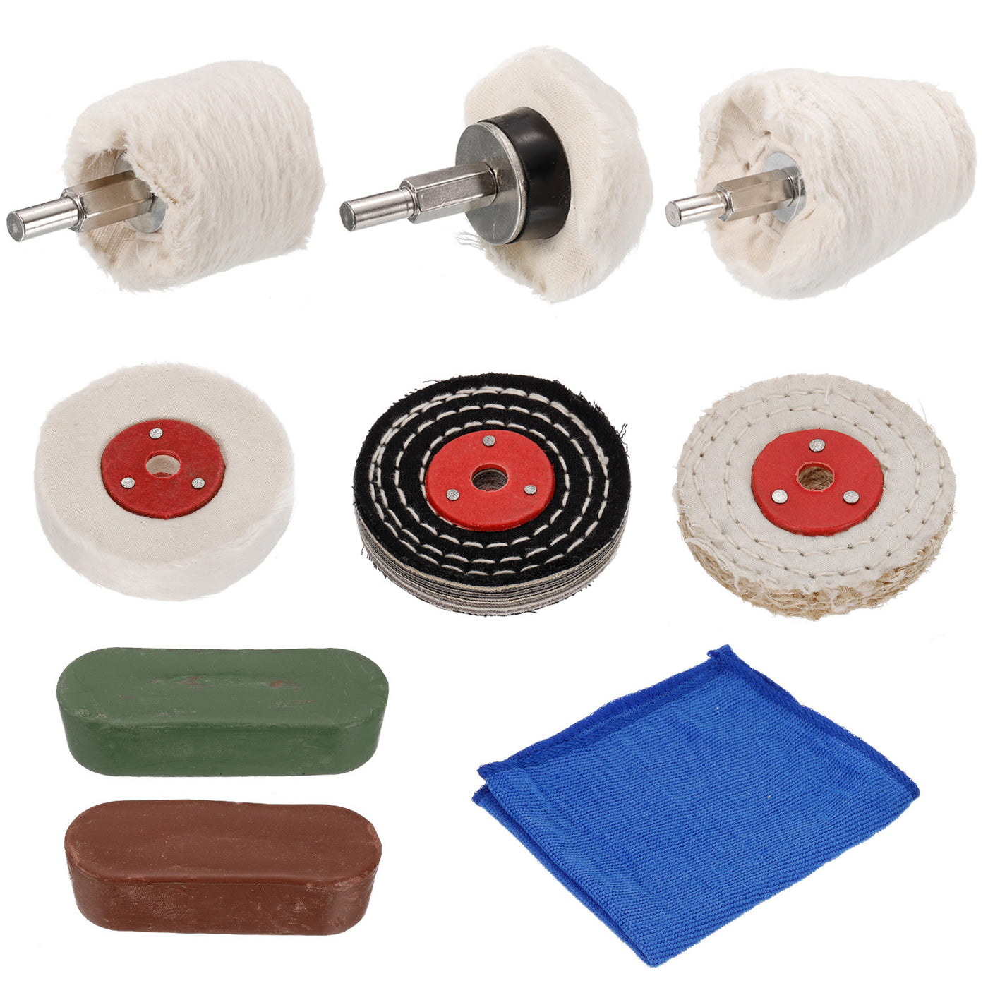 uxcell Uxcell Buffing Wheel & Polish Pad Set, Cone/Cylindrica/Mushroom Shape Cotton Polished Wheels with Microfiber Towel, Polishing Compounds